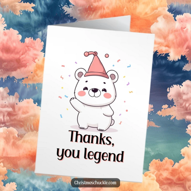Funny Free Printable Thank You Card: A smiling polar bear in a tiny jester hat gleefully tosses confetti to express gratitude.
