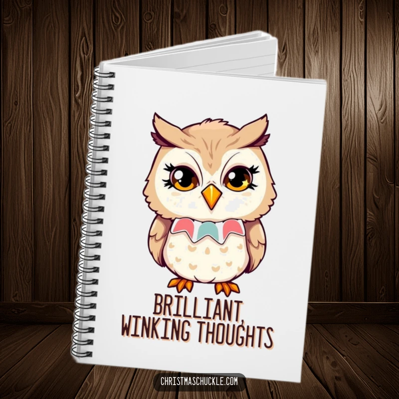 Funny notebook cover with an owl in a clown collar, playfully winking with sparkling eyes, ideal for jotting down smart ideas.