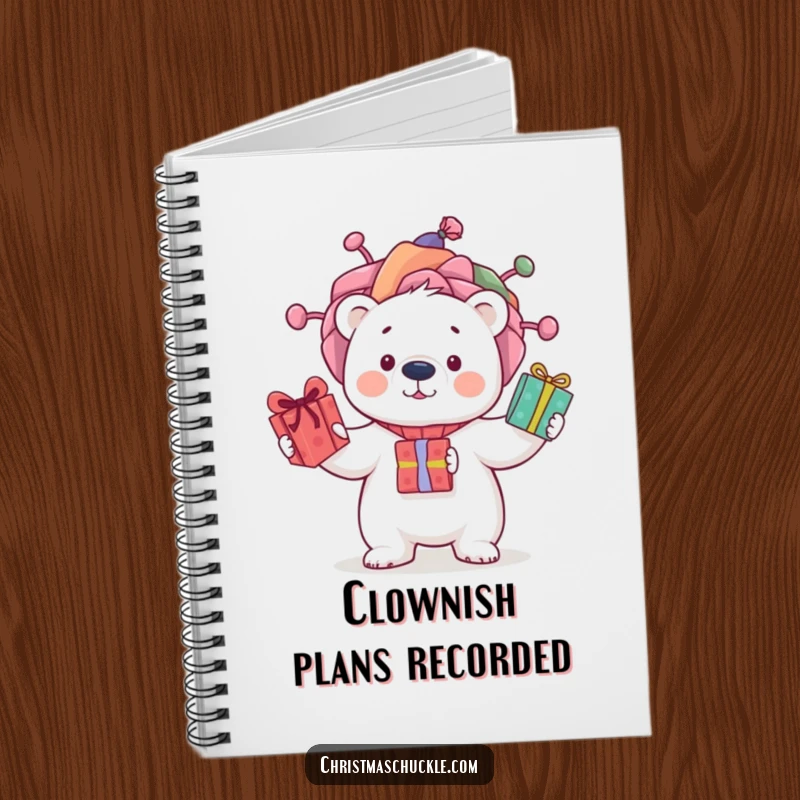 Funny notebook cover with a curious polar bear in a silly clown wig, juggling presents, ideal for jotting down notes.