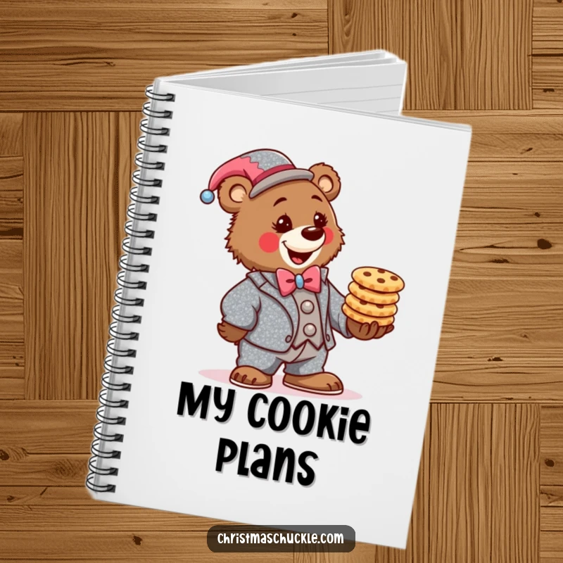 Funny bear clown notebook, wearing a sparkly suit, determinedly balancing a stack of festive cookies, a whimsical and functional stationery item.