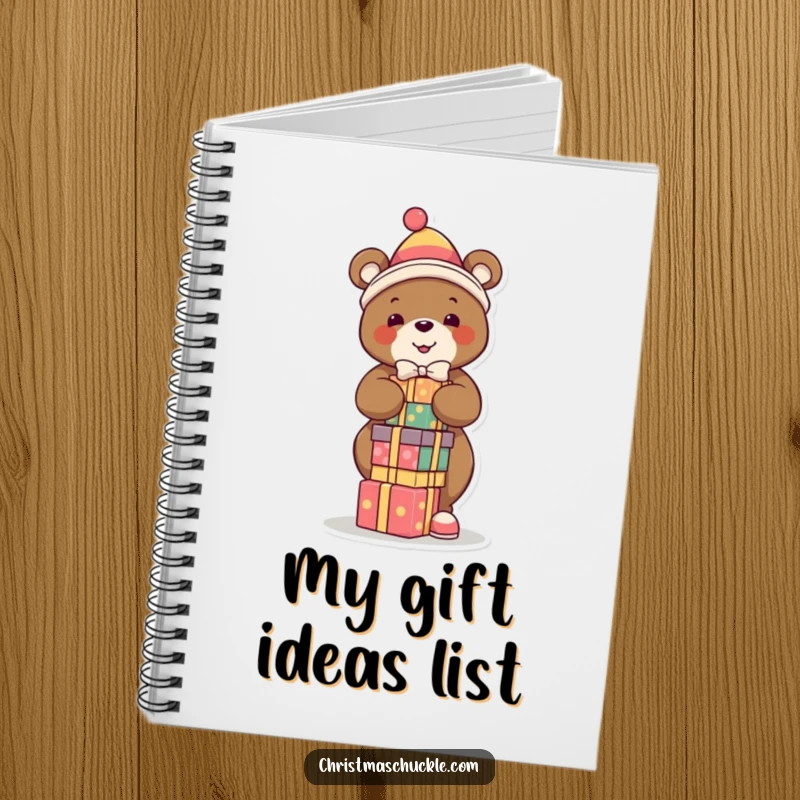 Funny notebook with a bear clown balancing presents cover, ideal for jotting down notes and capturing ideas with a humorous, festive theme.