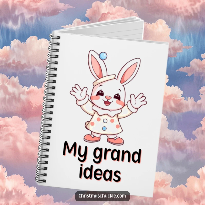 Funny notebook featuring a joyful bunny dressed as a clown, enthusiastically waving, perfect for capturing notes and humorous doodles.