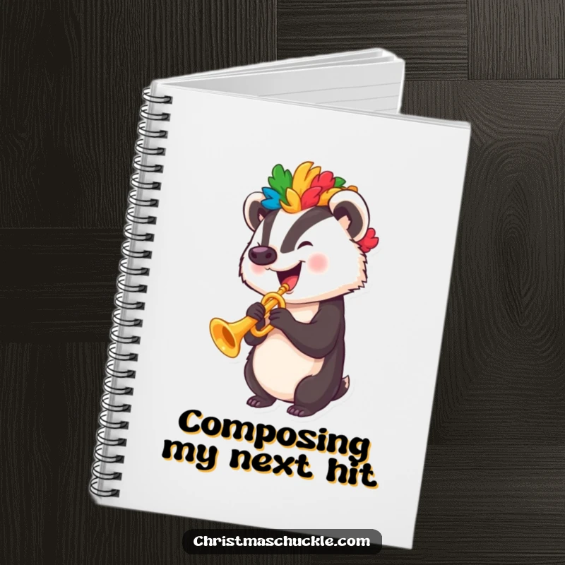 Funny badger with a clown wig playing a tiny trumpet, shown on the cover of a funny notebook.