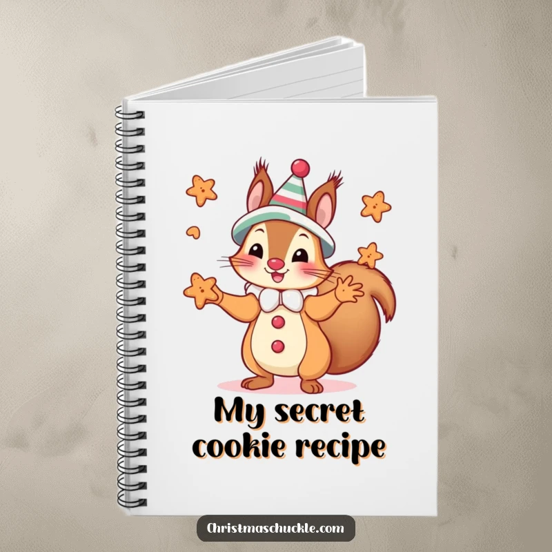 Funny squirrel in clown costume juggling small gingerbread cookies, shown on the cover of a funny notebook.