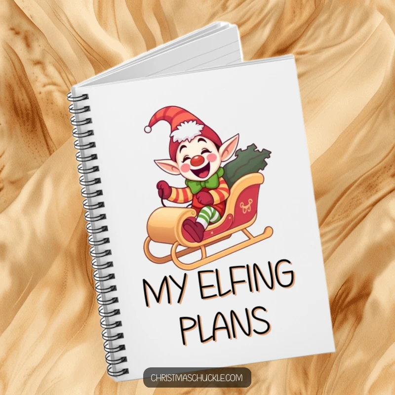 Funny elf clown notebook, giddy and practical, riding a miniature sleigh, a delightful funny gift for organization.