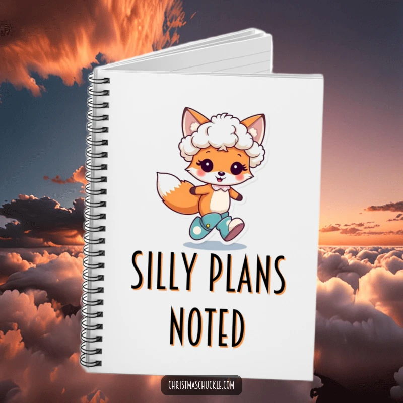 Funny notebook with a cute fox character hopping joyfully, wearing a tiny clown wig and oversized boots, inspiring cheerful writing.
