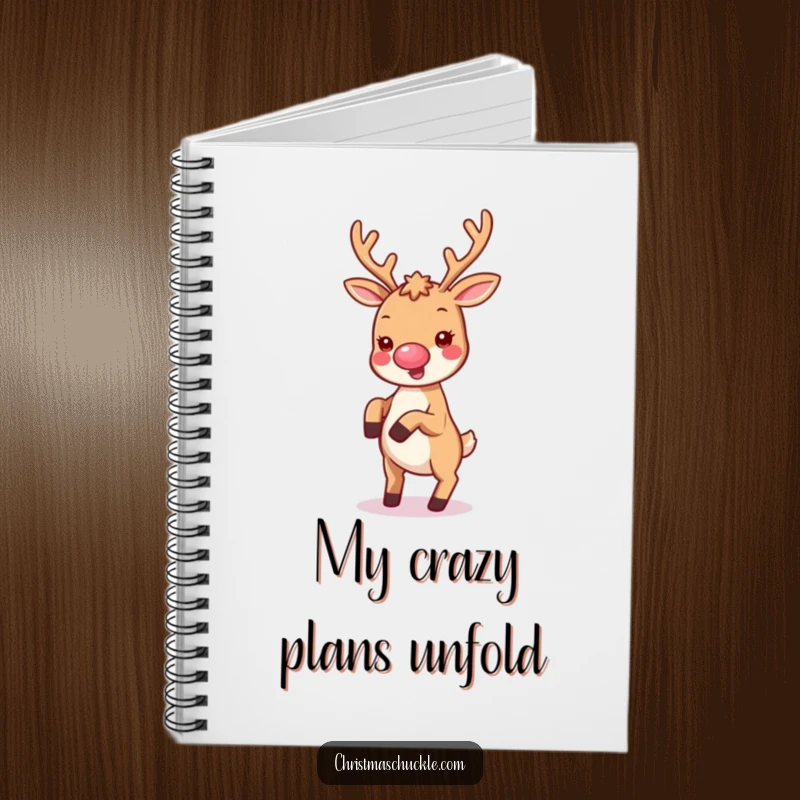 Funny notebook featuring a kawaii reindeer with a tiny clown nose, joyfully doing a cartwheel, great for jotting down ideas.