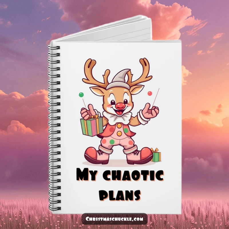 Funny kawaii reindeer clown juggling presents, lined notebook, journal for ideas, festive and humorous cover, portable stationery.