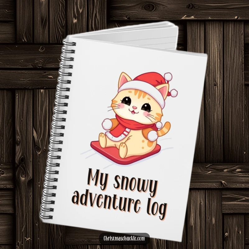 Funny Kawaii Santa Cat Notebook: A cute cat in a Santa outfit, happily sliding down a snowy hill, perfect for notes.
