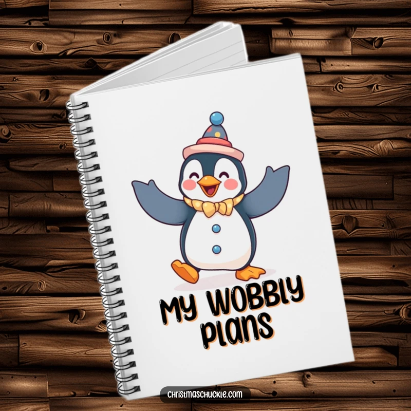 Funny penguin notebook, a penguin dressed as a clown, doing a silly dance, for jotting down funny ideas.