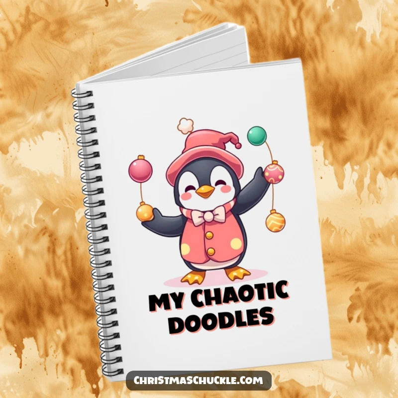 Funny notebook with a penguin clown juggling baubles cover, ideal for jotting down notes and capturing ideas with a humorous, festive theme.