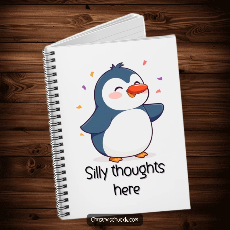 Funny notebook cover with a happy penguin balancing a red nose on its beak, surrounded by falling confetti, for jotting down notes.