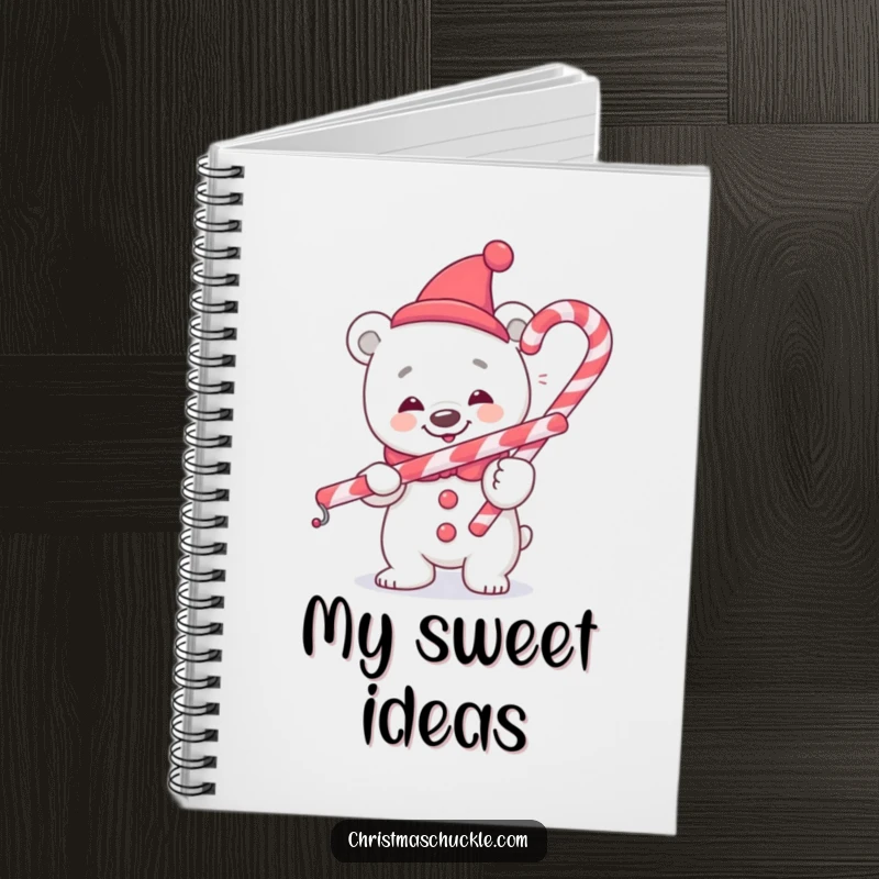 Funny polar bear clown notebook, cheerful and practical, balancing a candy cane, a delightful funny gift for organization.