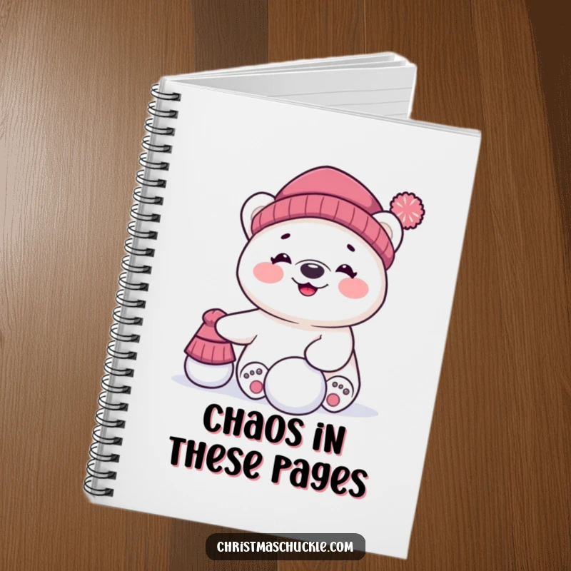 Funny notebook with a giggling polar bear character hilariously balancing a hat and a snowball, inspiring joy and creativity in every page.