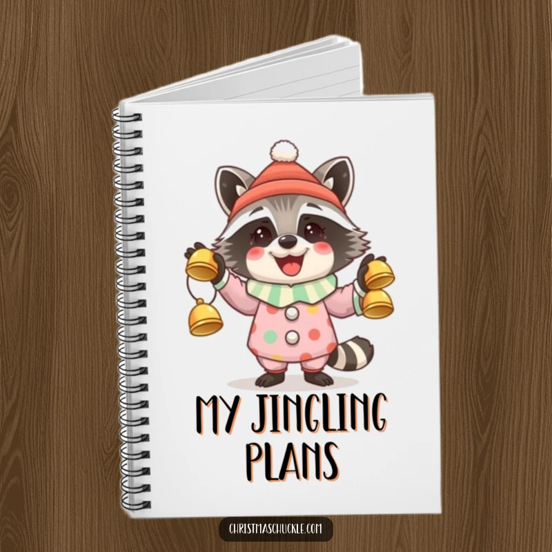 Funny notebook featuring a whimsical raccoon clown juggling three jingle bells, perfect for holiday planning.