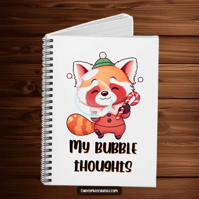 Funny notebook cover featuring a red panda dressed as a clown, humorously blowing a giant bubble with a candy cane.