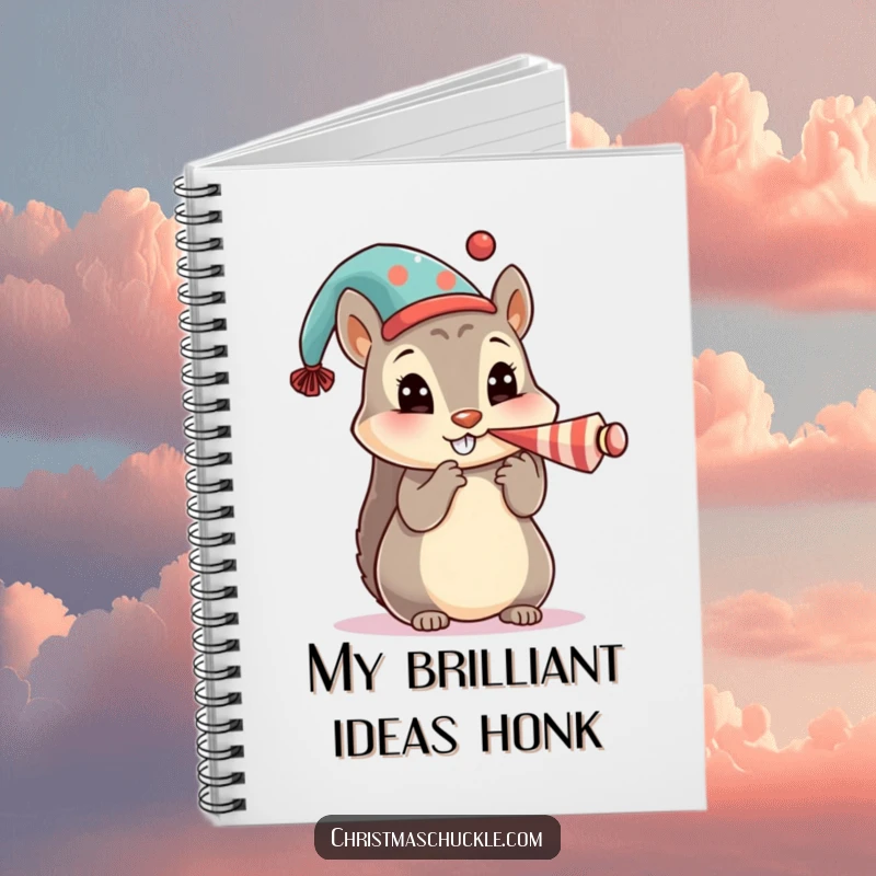 Funny notebook with a cute squirrel character in a festive hat, honking a tiny clown horn, ideal for notes.