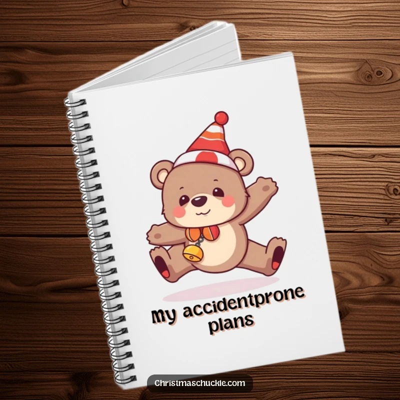 Funny bear notebook featuring a clumsy bear in festive attire, hilariously tripping, perfect for jotting down thoughts.