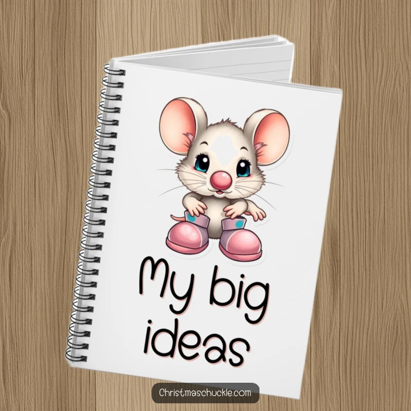 Funny little mouse character dressed as a clown with a big nose and shoes on the cover of a notebook, designed for capturing notes whimsically.