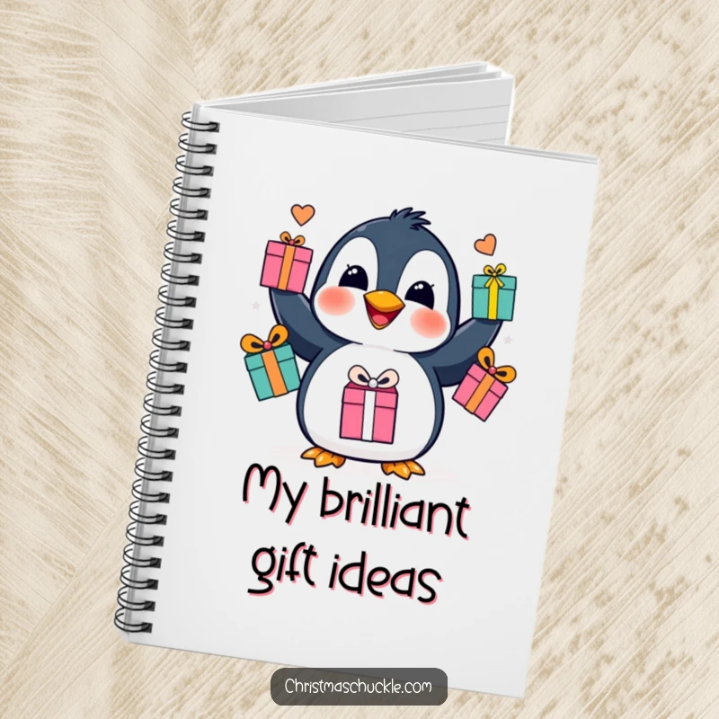 Funny penguin juggling notebook, a happy character performing a gift-tossing feat, perfect for notes and creative brainstorming.