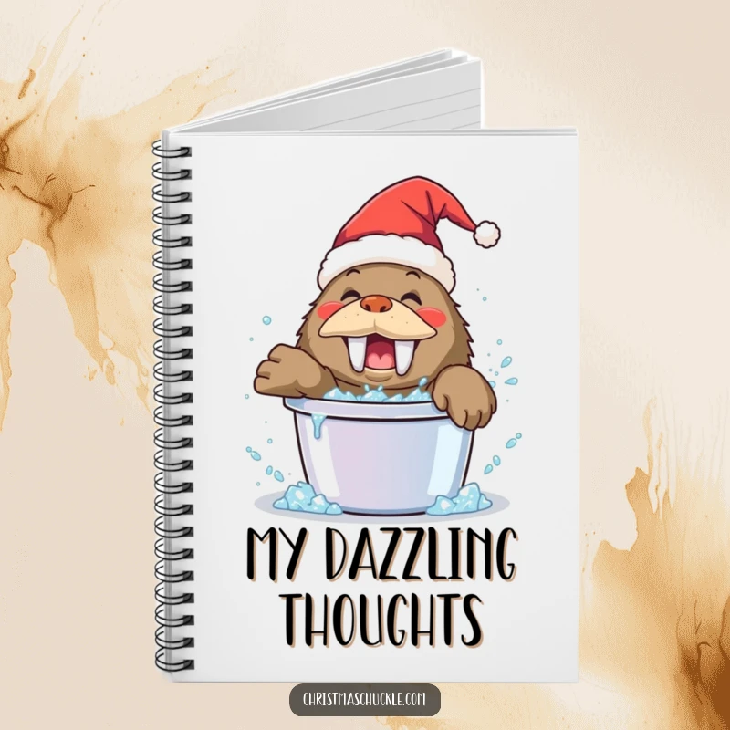 Funny walrus clown notebook, wearing a Santa hat, playfully splashing in a bucket of glitter, a whimsical and functional stationery item.