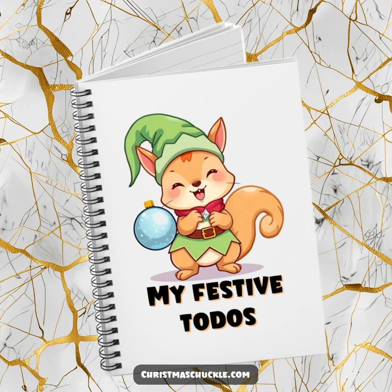 Funny Kawaii Elf Squirrel Notebook: A cute Christmas character as an elf, holding a sparkling ornament, perfect for writing notes.