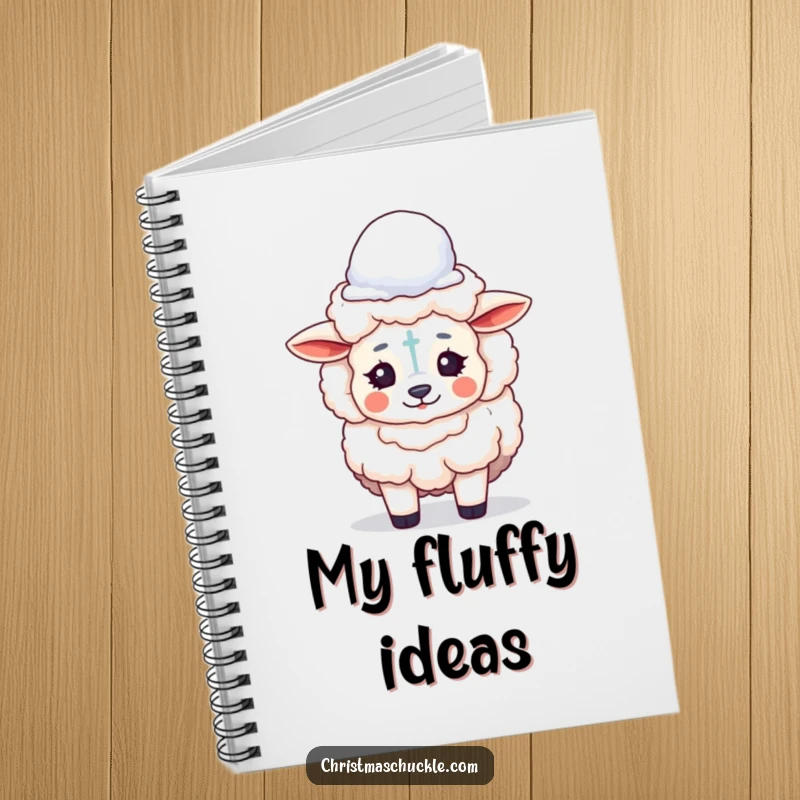 Funny notebook cover featuring a fluffy sheep dressed as a clown, balancing a snowball on its head, designed for note-taking.