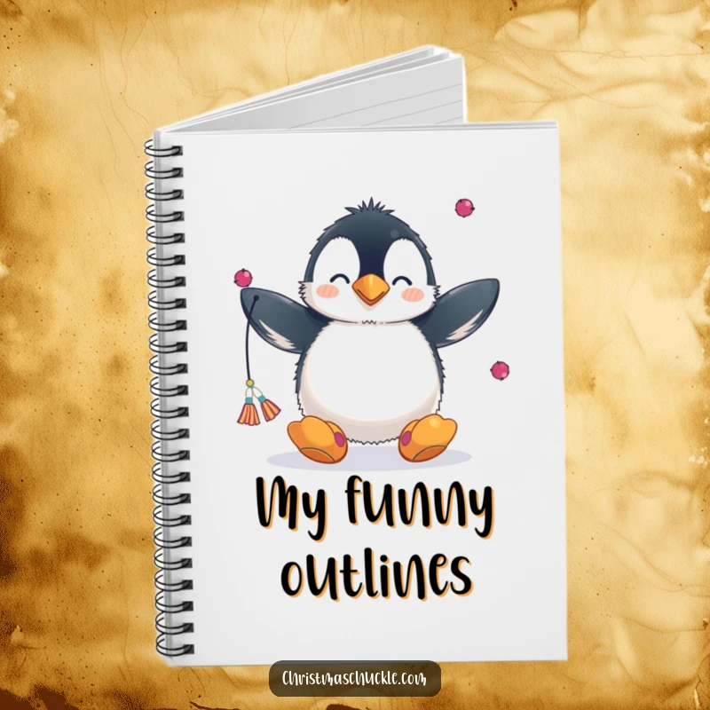Funny notebook cover with a fluffy penguin in a clown nose and big shoes, juggling scarves, inspiring creative and humorous note-taking.