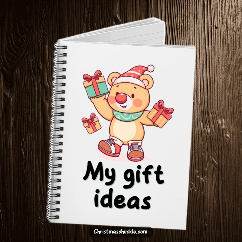 Funny festive bear in clown attire juggling presents, on the cover of a humorous notebook for jotting down fun ideas.