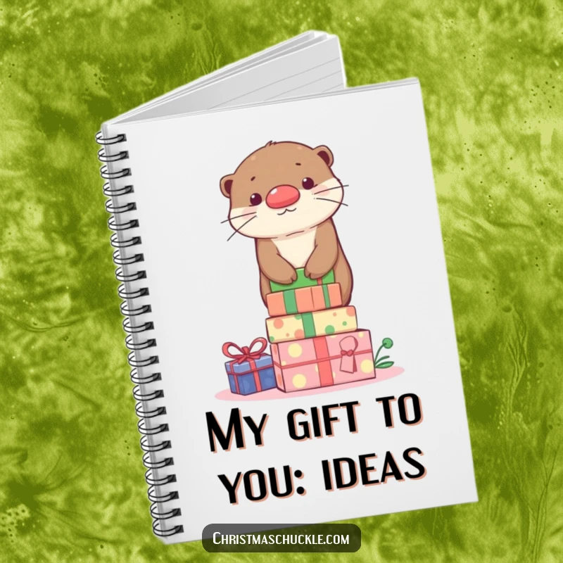 Funny cute otter balancing on presents with a clown nose, shown on the cover of a funny notebook.