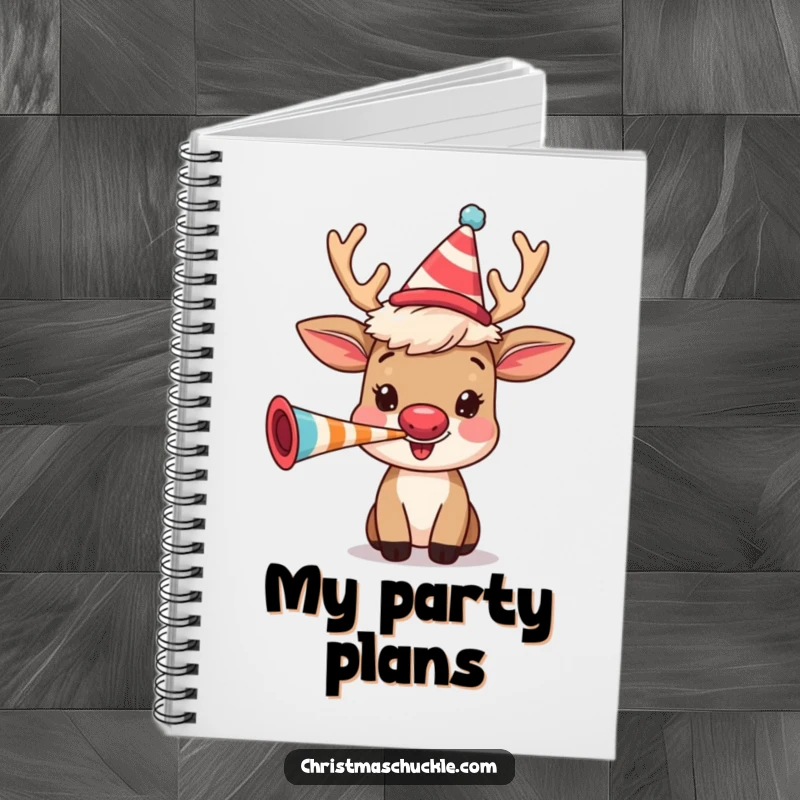 Funny happy reindeer with a clown wig blowing a party horn, on the cover of a humorous notebook for jotting down fun ideas.