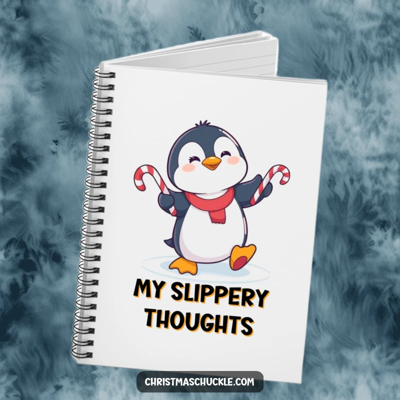 Funny cute penguin slipping on ice, juggling candy canes on a notebook cover, ideal for jotting notes with humor.