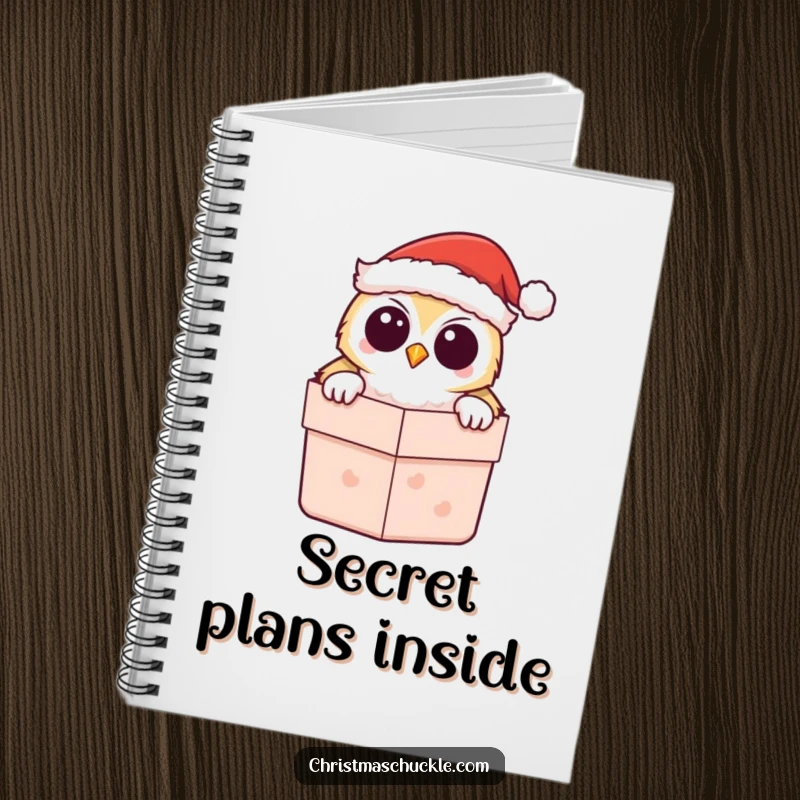 Funny Kawaii Owl Santa Notebook, featuring a cute owl peeking from a gift box, ideal for jotting down holiday ideas.