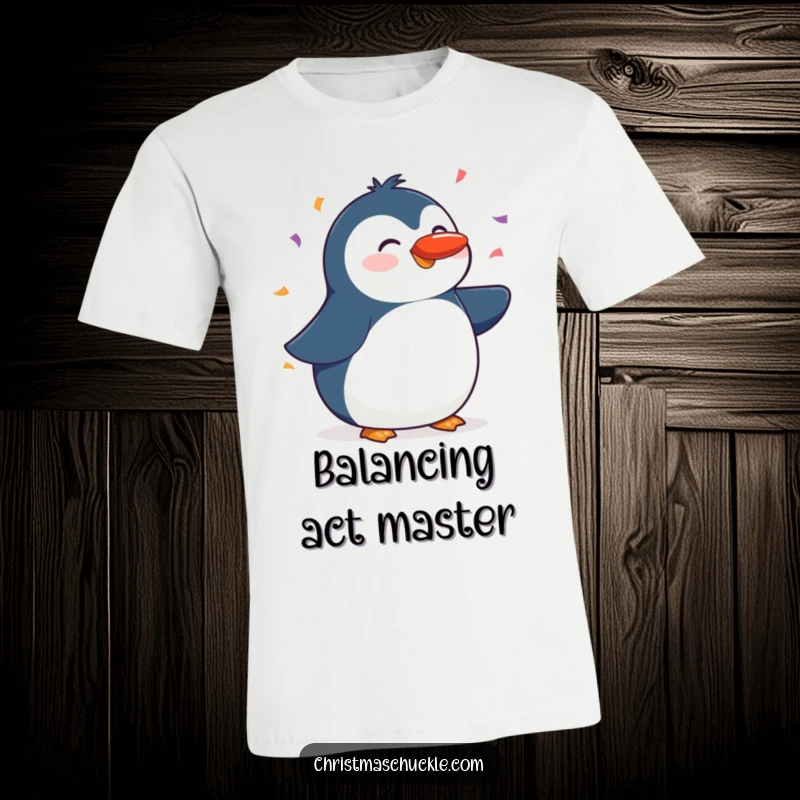 Funny t-shirt of a happy penguin balancing a red nose on its beak, surrounded by festive falling confetti, perfect for holidays.