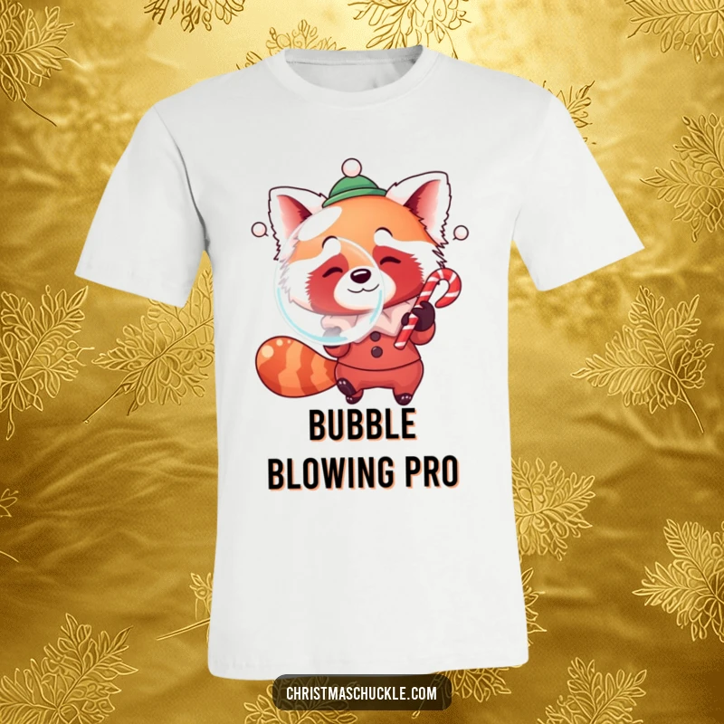 Funny t-shirt depicting a red panda dressed as a clown, playfully blowing a giant bubble with a candy cane, showing off its sweet side.