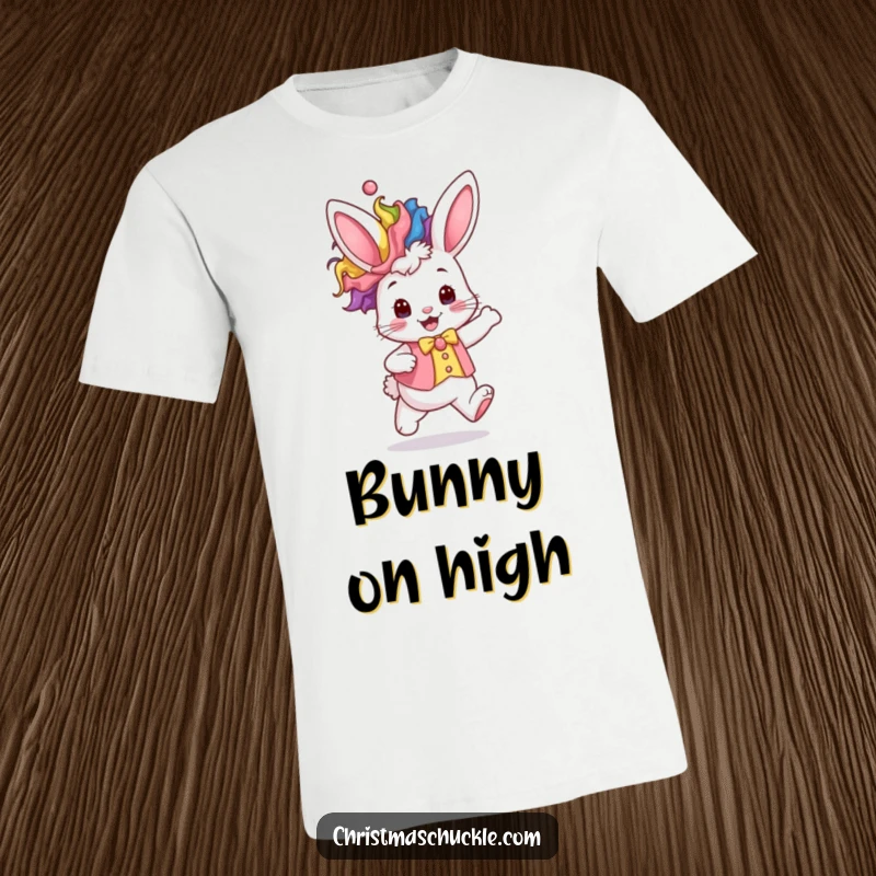 Funny kawaii bunny wearing a rainbow clown wig and waistcoat hops excitedly, a cute and humorous t-shirt graphic.