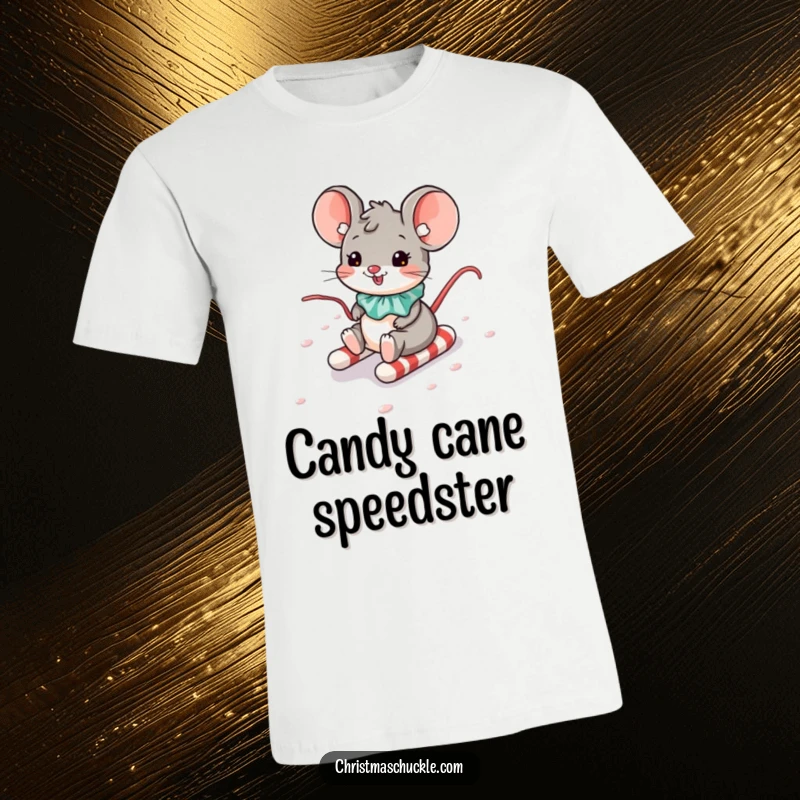 Funny t-shirt depicting a tiny mouse wearing a clown collar, gleefully descending a giant candy cane hill.