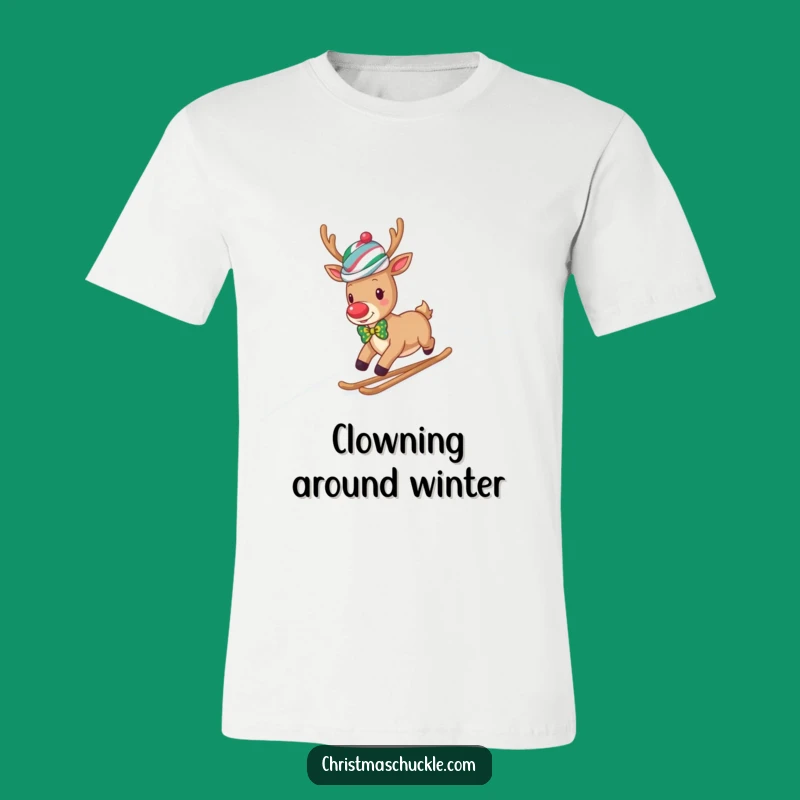 Funny Reindeer Clown T-Shirt: Hilarious Snowy Hill Slide Design for Comedic Gift Giving