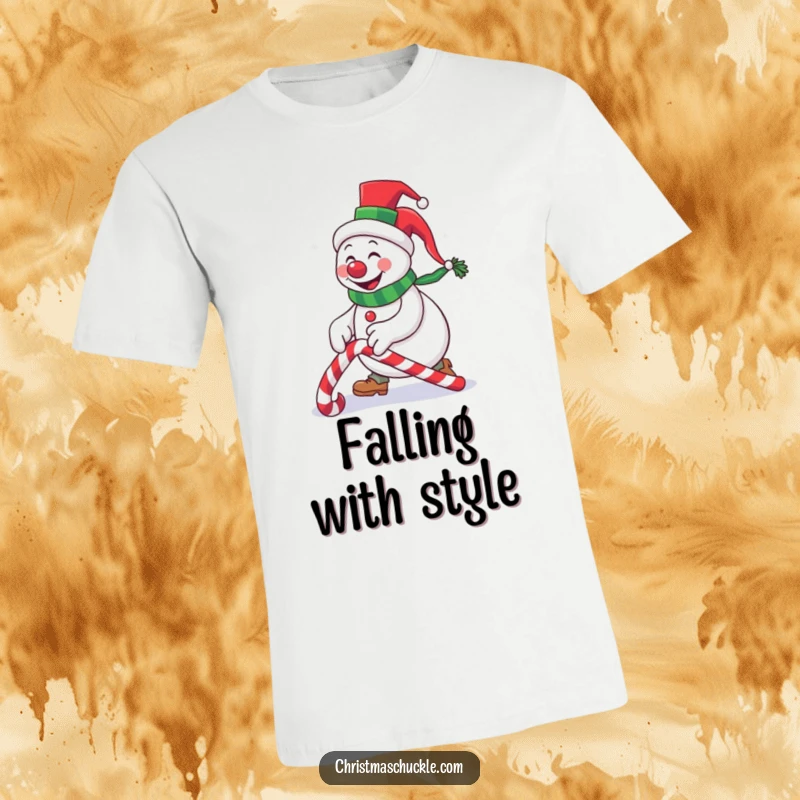 Funny snowman clown with a tiny top hat tripping over a candy cane, a humorous t-shirt design for Christmas and winter season fun.