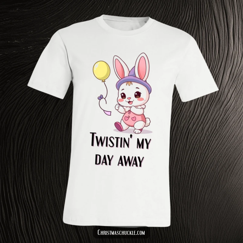 Funny t-shirt showcasing a whimsical bunny dressed as a clown, playfully crafting a balloon animal.