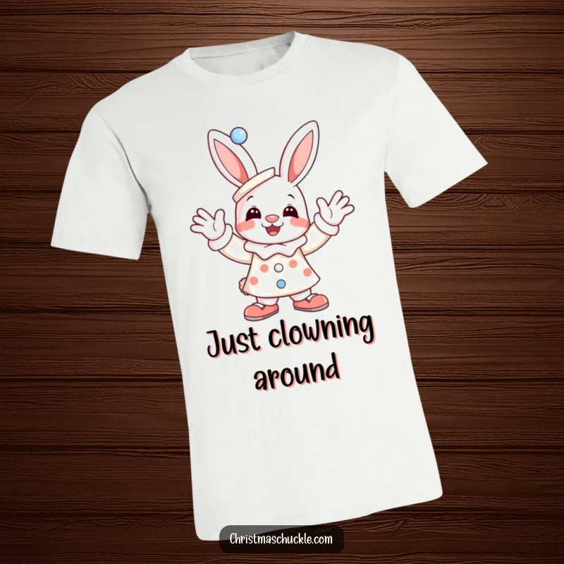 Funny t-shirt showcasing a joyful bunny dressed as a clown, enthusiastically waving, exuding playful energy and comedic charm.