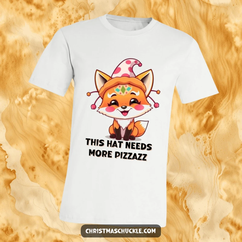 Funny joyful fox with clown face paint struggling to wear an oversized, colorful party hat on a soft t-shirt.