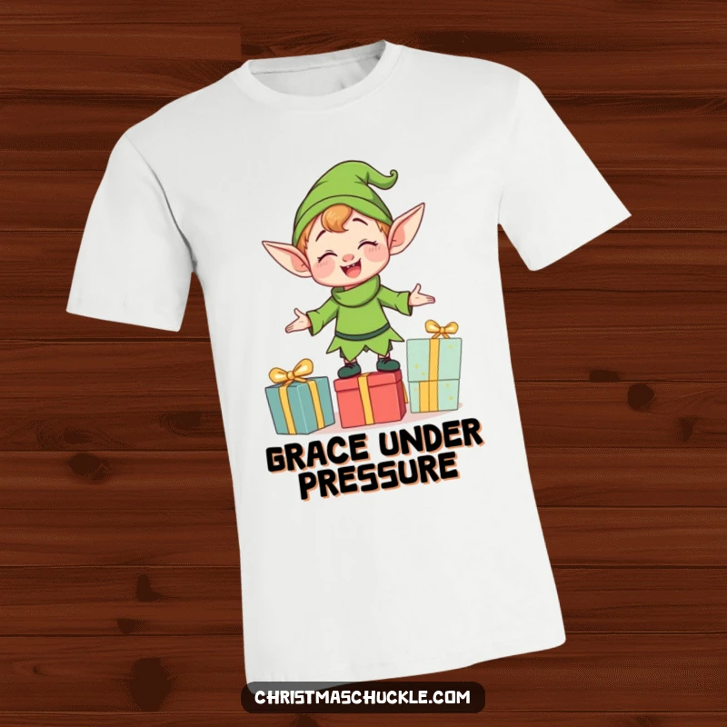 Funny clumsy elf character attempting to balance numerous gifts on a t-shirt, perfect for adding some festive humor to your outfit.