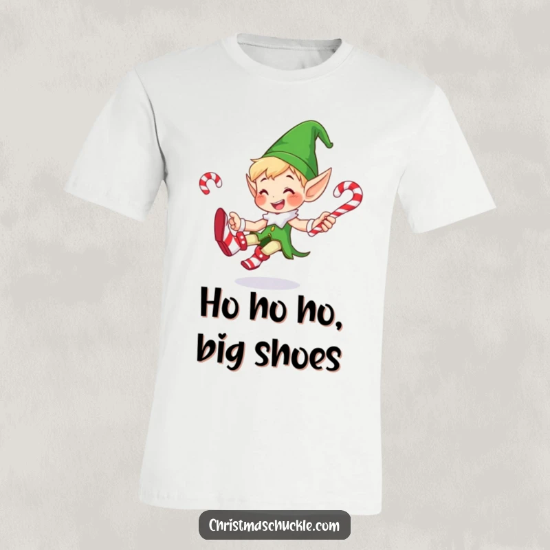 Funny t-shirt featuring a smiling elf wearing oversized clown shoes, juggling candy canes with a festive and comical demeanor, great for holidays.
