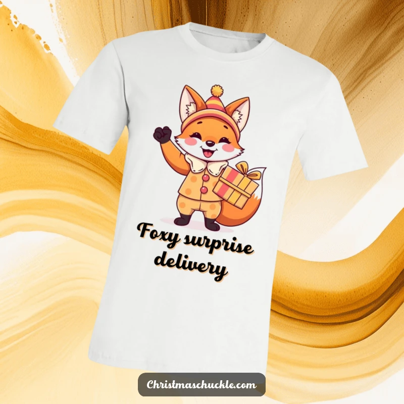Funny fox t-shirt, a festive fox in a clown costume triumphantly holding a brightly wrapped gift, humorous party wear.