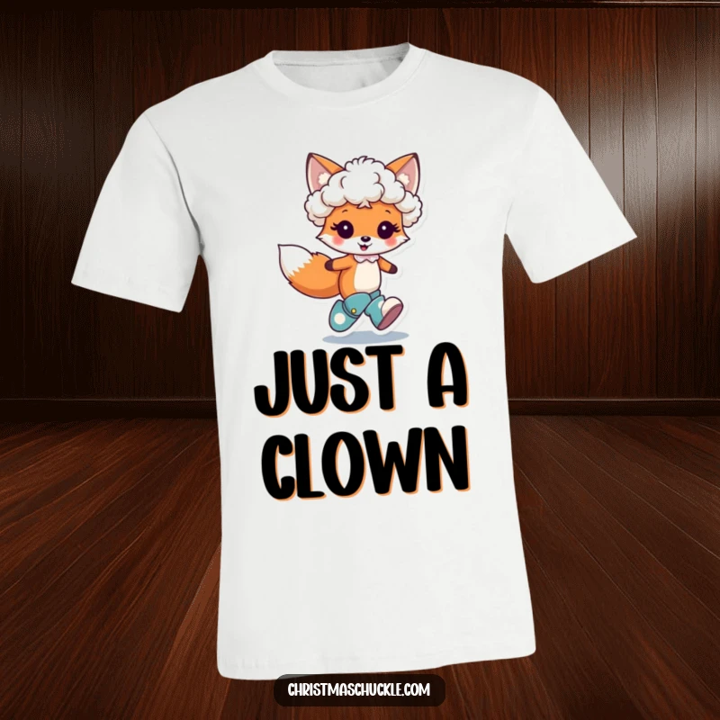Funny t-shirt depicting a cute fox character hopping with joy, sporting a tiny clown wig and comically large boots, pure playful energy.