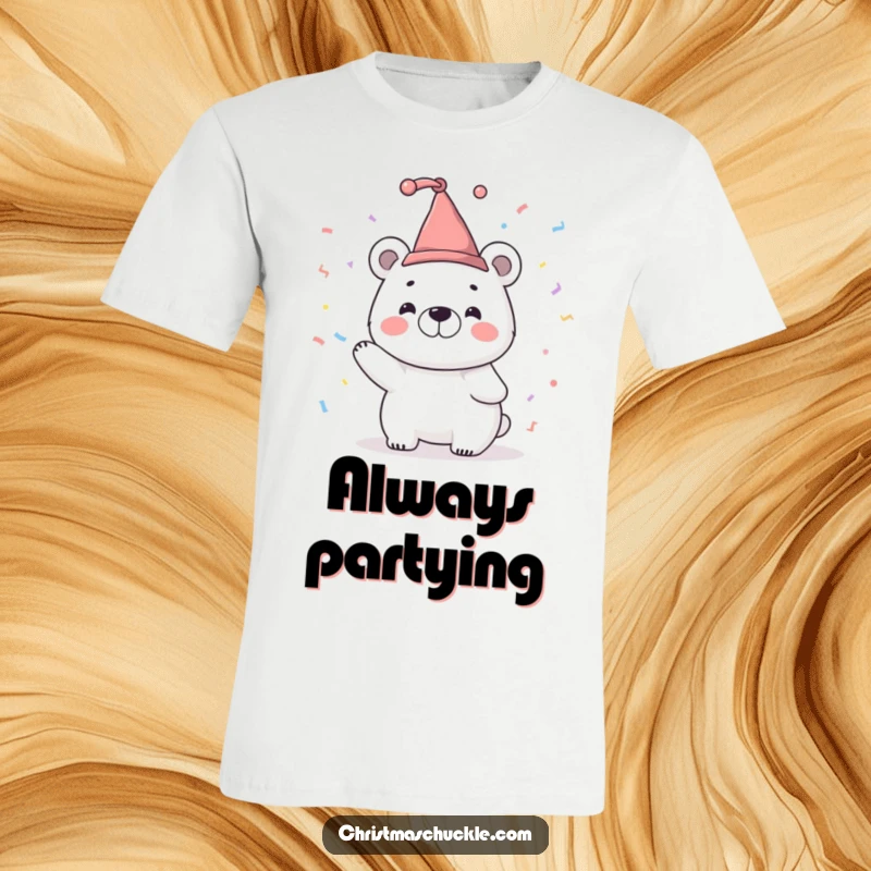 Funny t-shirt depicting a smiling polar bear character in a tiny jester hat, joyfully tossing confetti, radiating festive cheer.