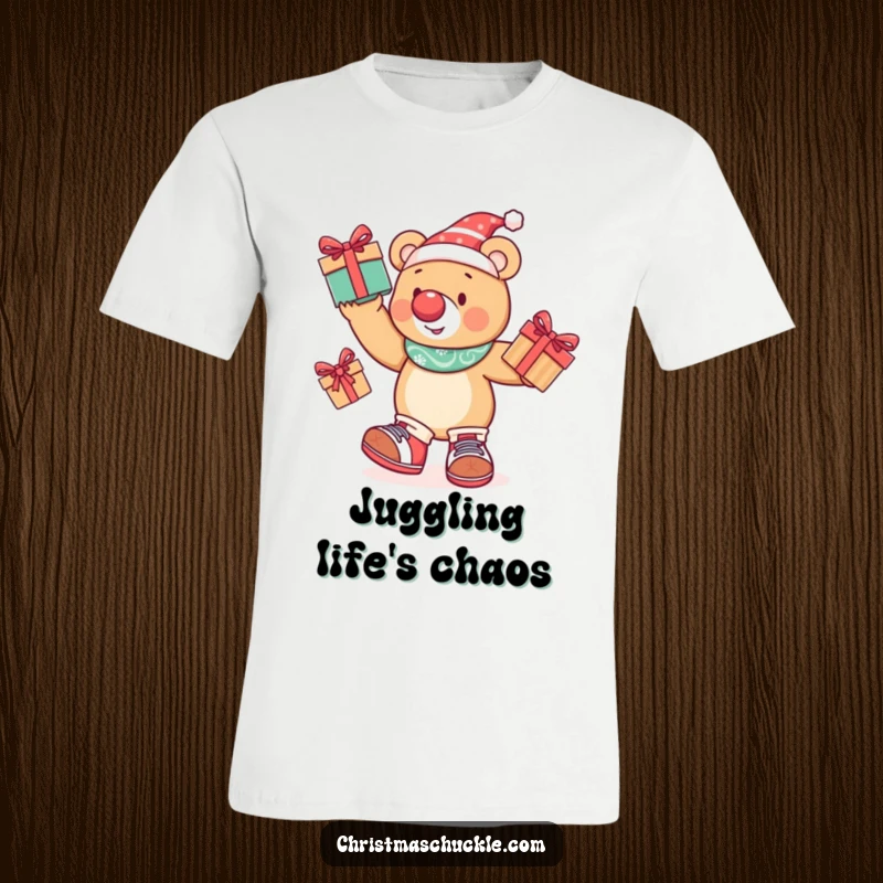 Funny bear in clown attire juggling presents, depicted on a comfortable t-shirt, bringing laughter and festive cheer.