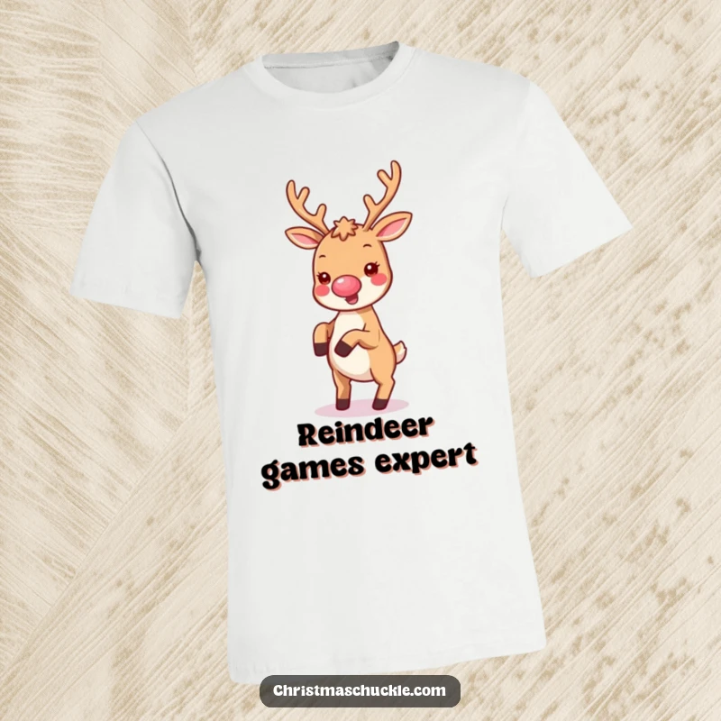Funny t-shirt showcasing a kawaii reindeer with a tiny clown nose, joyfully performing a cartwheel with festive energy.