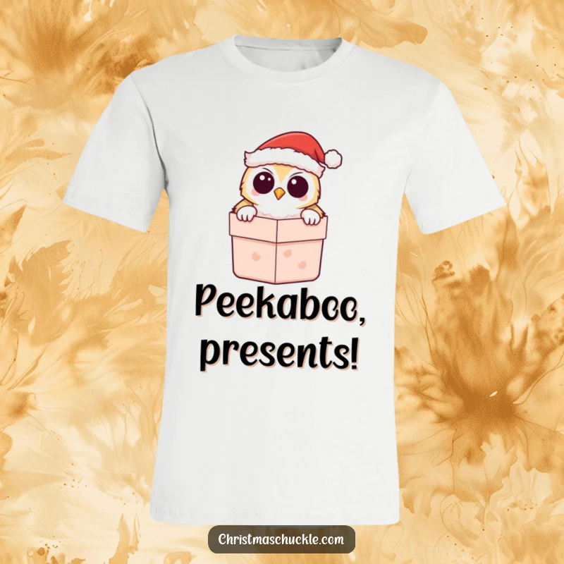 Funny Kawaii Owl Santa T-Shirt, featuring a cute owl playfully peeking from a gift box, ideal for festive occasions.